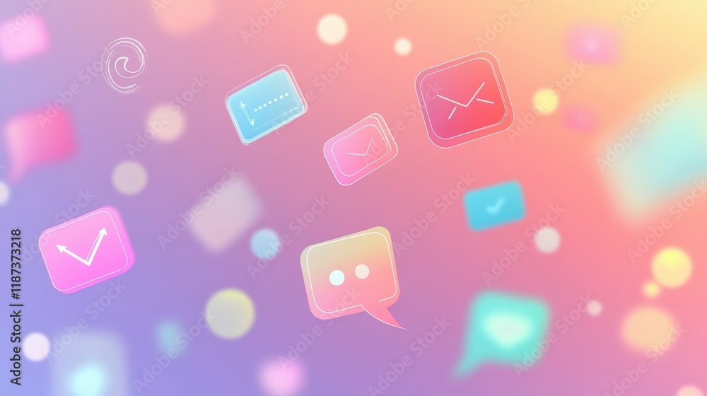 Poster Colorful abstract icons of chat bubbles, arrows, and connections in a floating arrangement on a vibrant background. Generative AI