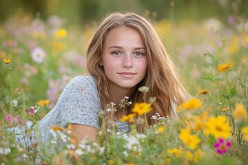 Girl lying wildflowers summer meadow portrait