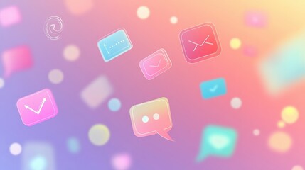 Colorful abstract icons of chat bubbles, arrows, and connections in a floating arrangement on a vibrant background. Generative AI