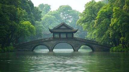 Serene stone arch bridge over calm water in misty lush green park.