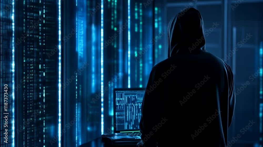 Poster hooded hacker in corporate data center. rows of rack servers. ai training cluster and artificial int