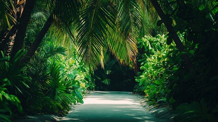 Naklejka premium A dirt road encircled by palm trees on either side leads to a narrow path flanked by greenery and trees