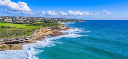Obraz premium Coastal cliffs, ocean waves, suburban backdrop
