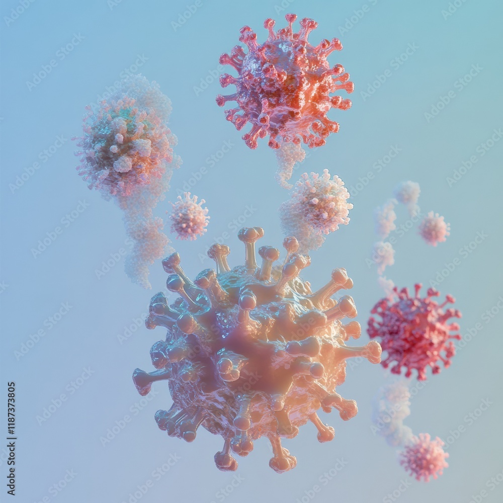 Poster Progression of viral forms illustrating complexity in structure and mutation over time in a digital rendering. Generative AI