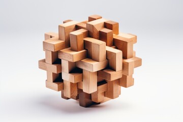 Intricate wooden puzzle ball crafted from various geometric shapes showcasing creativity and craftsmanship