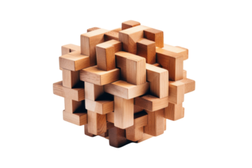 Intricate wooden puzzle ball crafted from various geometric shapes showcasing creativity and craftsmanship