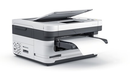 A laser printer with paper tray open isolated on white background