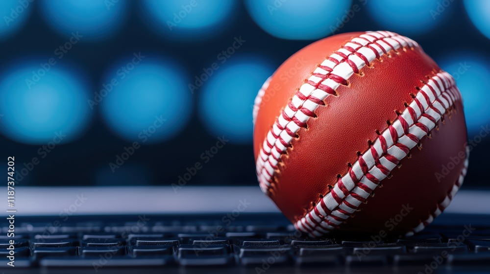 Poster close-up of baseball on computer keyboard with blurred background