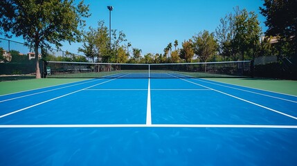Blue tennis court outdoors on sunny day.