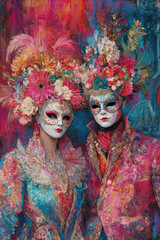 Obraz premium Venetian Carnival Couple in Floral Masks and Costumes