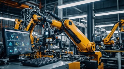 Engineer manager checking and controling automation robot arms machine in intelligent factory industrial on real time monitoring system software. Welding robotics and digital manufacturing operation	
