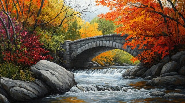   Bridge over river, surrounded by rocks and orange-leafed trees