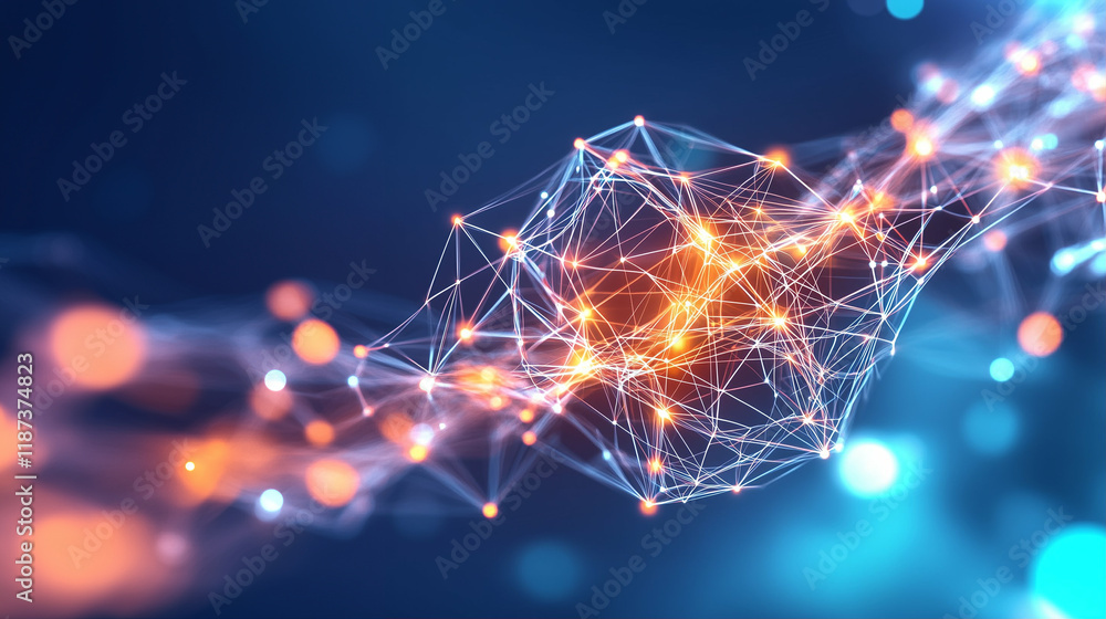 Poster abstract network technology background with glowing connections and nodes in a colorful digital atmo