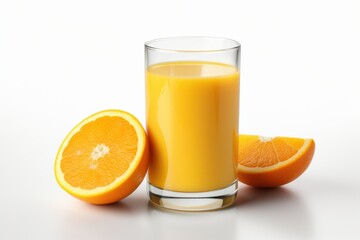 Freshly squeezed orange juice with halved oranges on a clean white surface captures the essence of a refreshing beverage