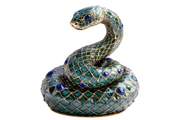 Fototapeta premium Elegant emerald snake sculpture with mosaic patterns and blue gemstones isolated on white transparent background, reptiles or wildlife, symbolizing Chinese Lunar New year