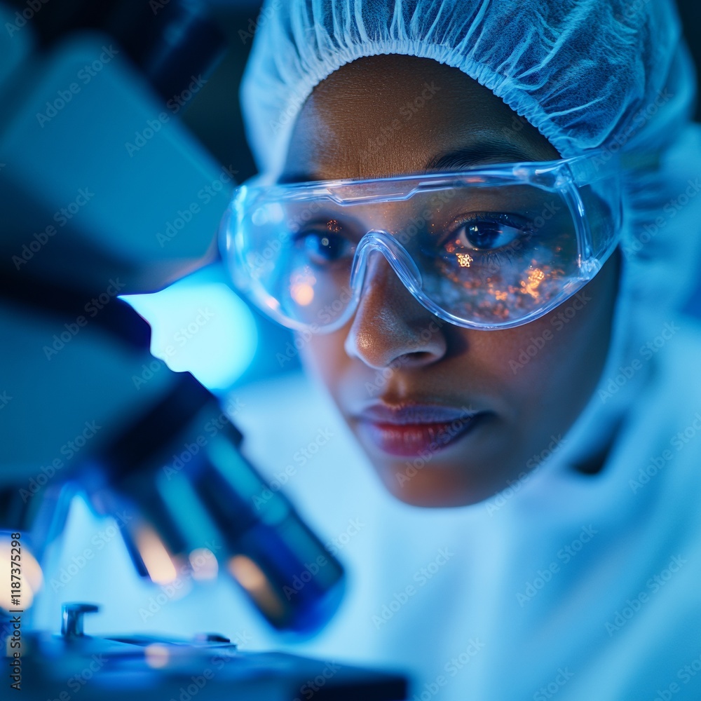 Poster scientist in laboratory focused scientist examines virus samples, scientist in laboratory setting, u