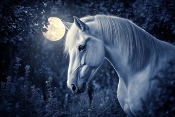 Naklejka premium A stunning white horse is seen in a mystical forest bathed in soft moonlight. The serene atmosphere and surrounding foliage create an enchanting aura, captivating the senses
