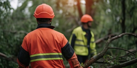 Two workers in safety gear are depicted clearing debris in a forest area, showcasing teamwork, diligence, and commitment to restoring nature after a storm.