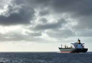 Obraz premium Cargo ship on stormy sea with dramatic cloudy sky. Ocean freight transportation. Industrial maritime scene. Moody seascape with copy space