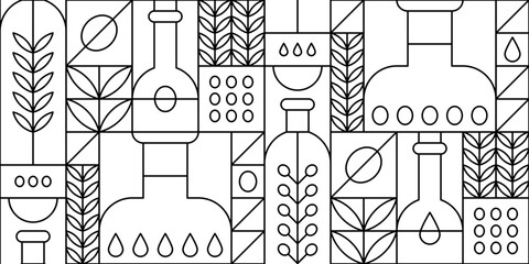 Geometric seamless pattern with olive oil in bottles, fruits and tree leaves. Vector outline abstract background in modern line art style with cooking oil