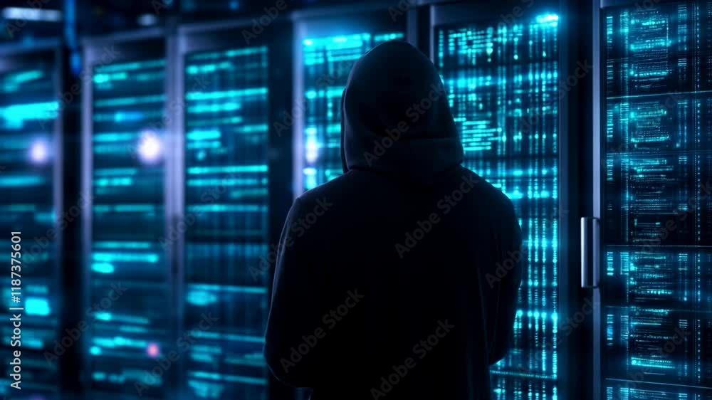 Poster hooded hacker in corporate data center. rows of rack servers. ai training cluster and artificial int