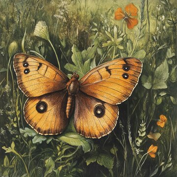 butterfly in the meadow. painting by Sieger Koder