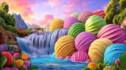 Chocolate and Ice-Cream Pairings, A panoramic matte painting of a dreamlike dessert paradise with chocolate waterfalls and giant ice cream mountains under soft pink skies