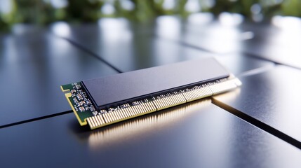 RAM module on dark surface, blurred green background