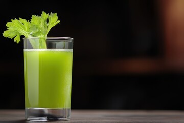 Celery and a glass of celery juice on a wooden table, isolated against a dark background