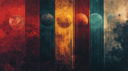 Abstract solar system with planets and colorful vertical stripes in space