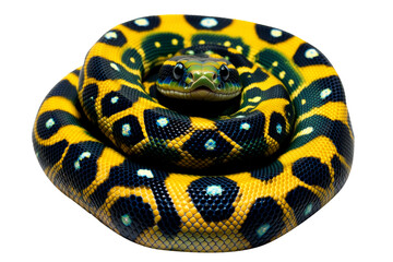 Fototapeta premium Coiled yellow and black patterned snake, isolated on white transparent background, reptiles or wildlife, symbolizing Chinese Lunar New year