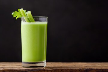 Celery and a glass of celery juice on a wooden table, isolated against a dark background