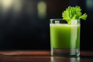 Celery and a glass of celery juice on a wooden table, isolated against a dark background