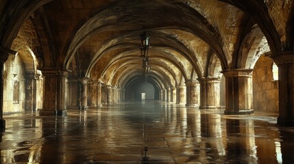 Obraz premium Mysterious castle hallway with arches, pillars, and light in the distance.