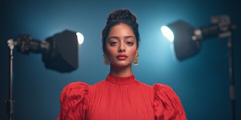 Elegant Portrait of an Actress in Red with Dramatic Studio Lighting on Set