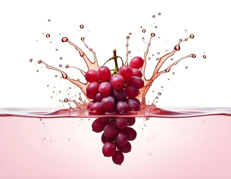 A bunch of red grapes splashing into water, surrounded by dynamic droplets.