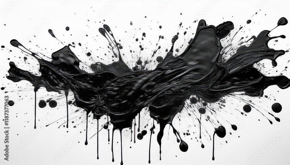Poster vibrant, textured abstraction intricate patterns of black ink or paint grunge splashes, creating an 