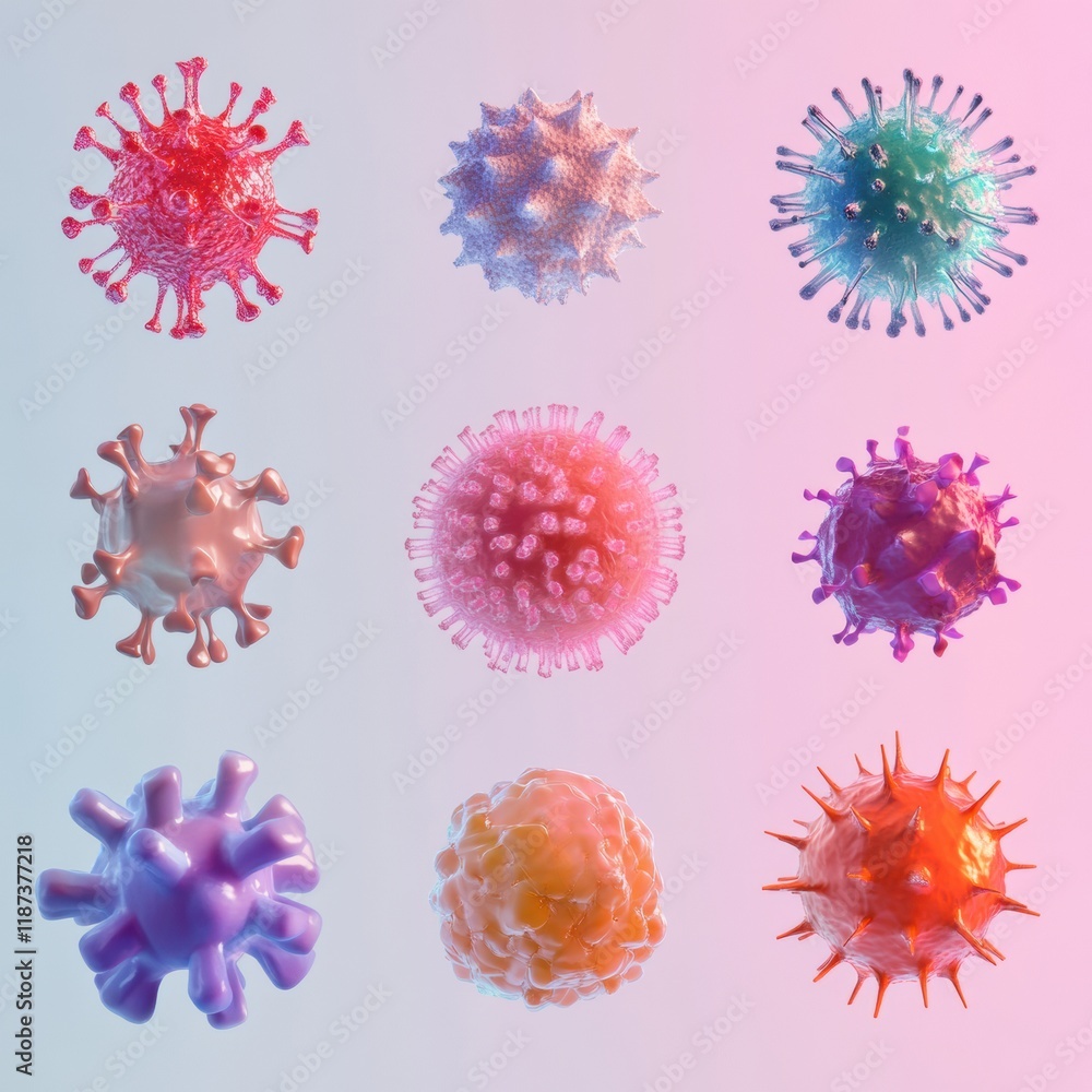Poster progression of virus forms from basic to complex showcasing diverse structures and variations in app