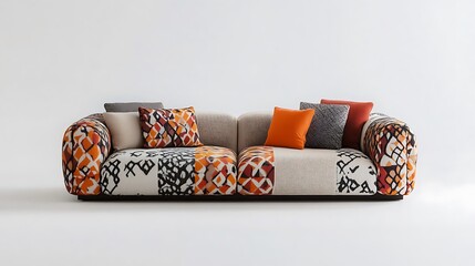 Modern sofa with a low-profile design, soft fabric, and geometric patterns 