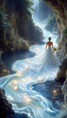 Woman in a Wedding Dress Bridal Beauty Waterfall Surrounded by Nature Spring Rocks and a Flowing River