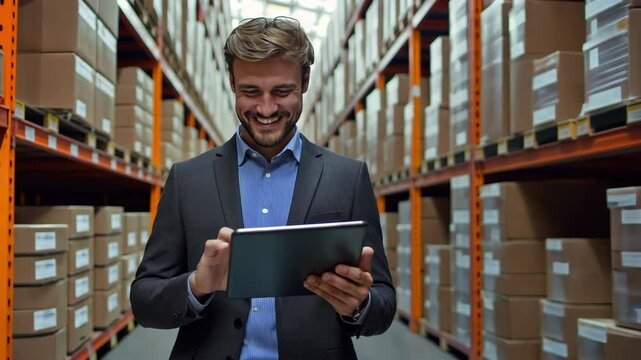 notion of procurement supply delivery. A businessman in a suit examines logistics information on a tablet.