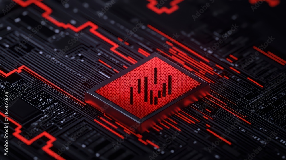Poster abstract digital circuit board with red microprocessor design
