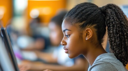 Focused african young female student using computer in classroom