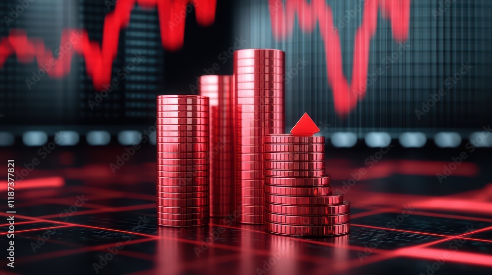 Poster Red Graph Showing Decrease with Stacks of Coins on Dark Surface