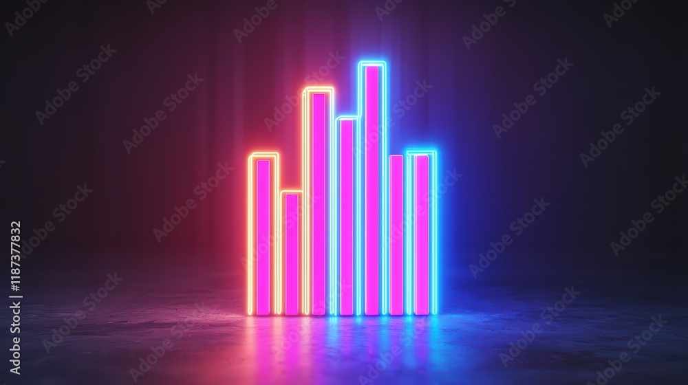 Poster neon light graph bars in dark environment for data visualization