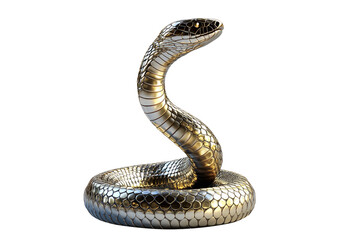 Fototapeta premium Coiled silver and golden snake sculpture with detailed scales isolated on white transparent background, reptiles or wildlife, symbolizing Chinese Lunar New year