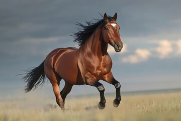 Fototapeta premium Herds of wild horses race across the expansive steppes, showcasing their grace and power against a backdrop of moody clouds and golden grass during the golden hour