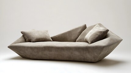 Modern sofa with a low, angular design and soft fabric cushions in neutral tones 