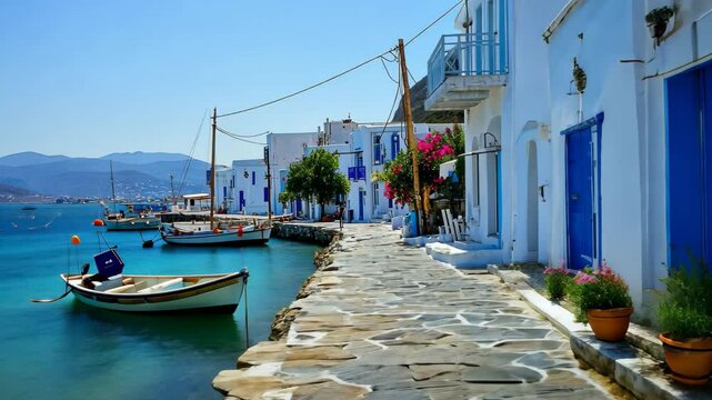 Beautiful waterfront view of Paros island in Greece with traditional buildings and serene sea, Greek island Paros tourist destination in Greece Visit and travel cyclades