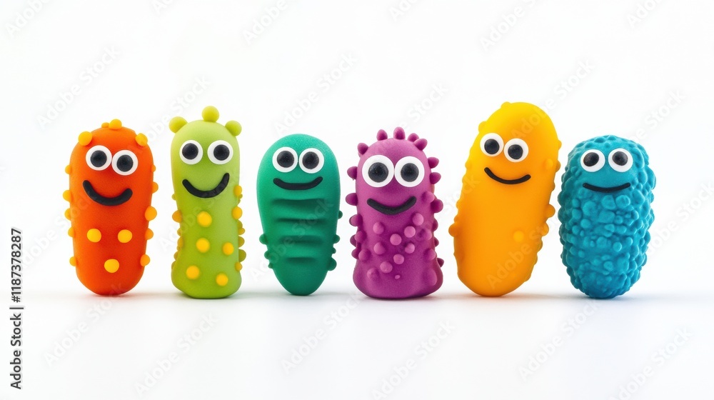 Poster Cheerful and colorful friendly microbes with eyes and smiles in a playful arrangement on a bright background. Generative AI